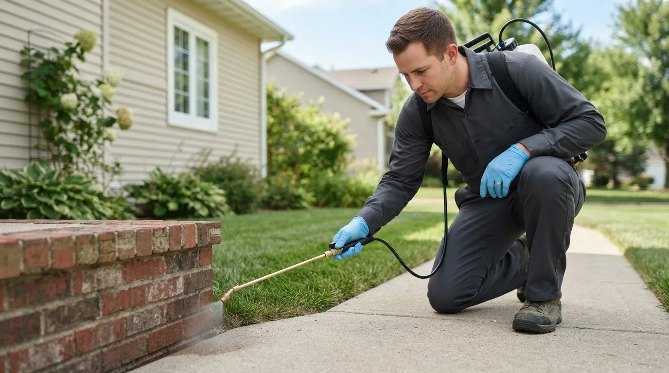 Pest control technician treating a home near Roanoke, TX