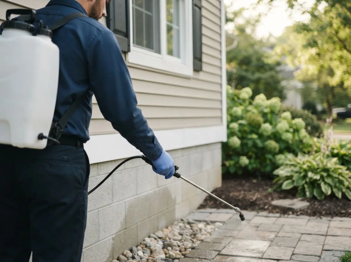 Pest control technician inspecting a home in Roanoke, TX